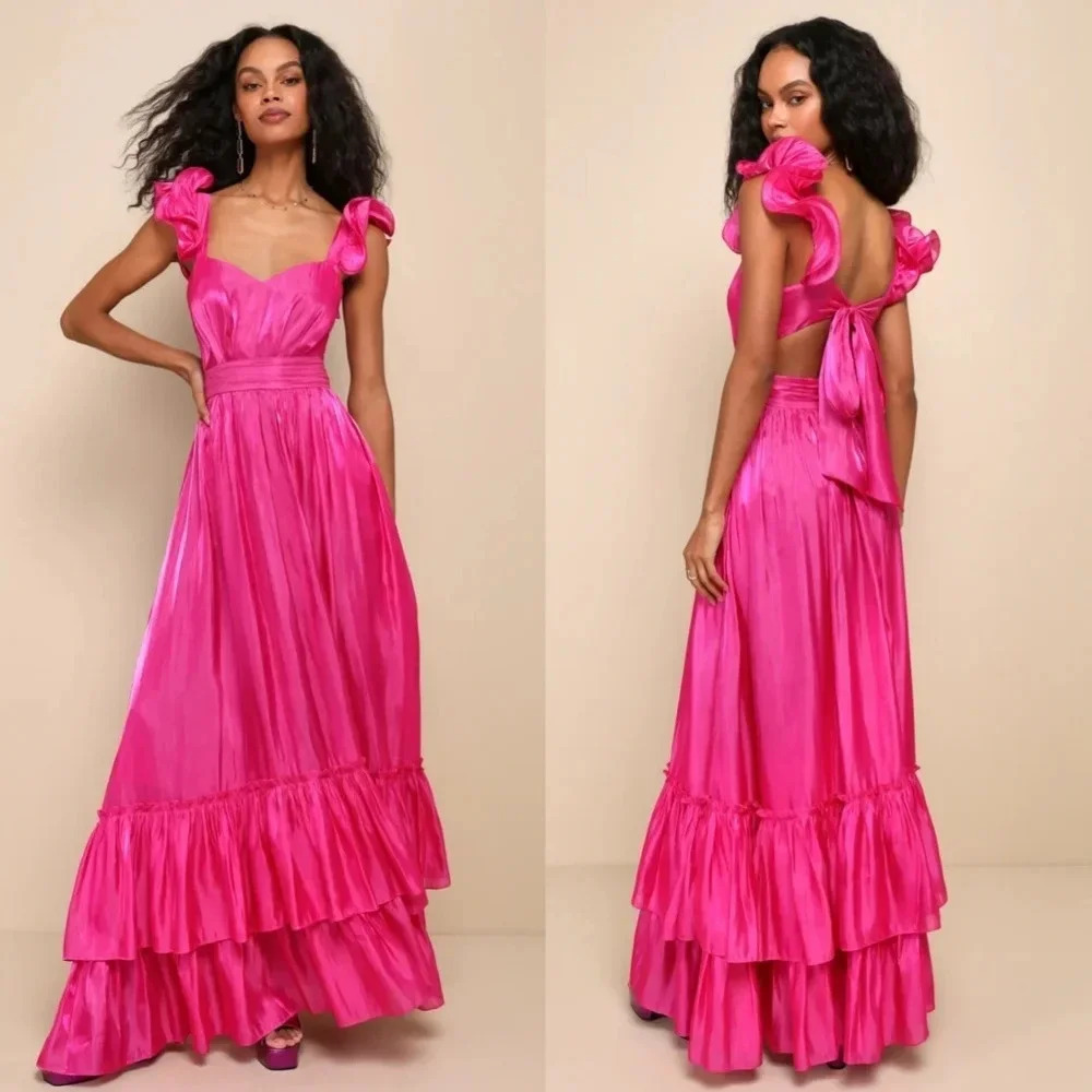 Lulus Pristine Glow Magenta Pink Ruffled Tie-Back Maxi Dress Wedding Party Prom